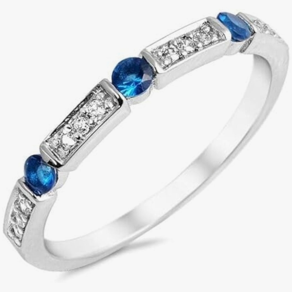 Luxury Round Cut Simulated Blue Sapphire and Rhinestone Half Eternity Sterling